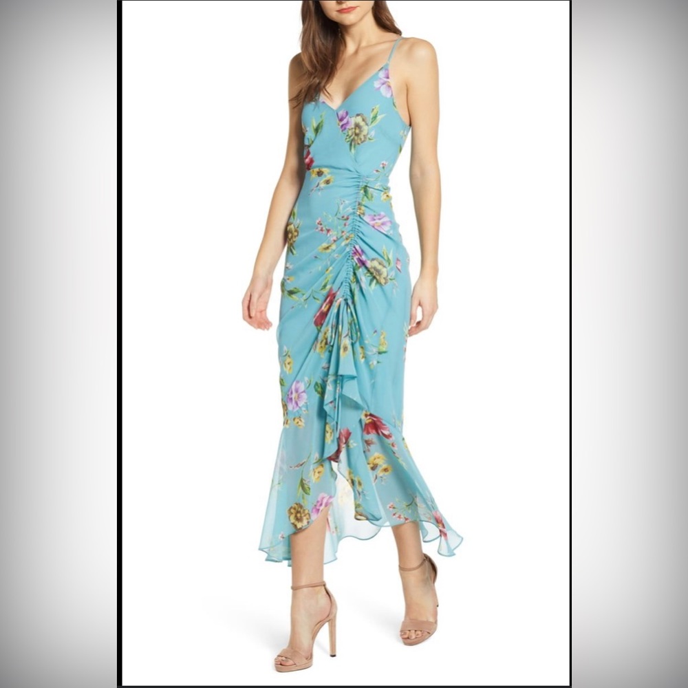 ASTR the Label Teal Tropical Floral Ruched Midi Dress
